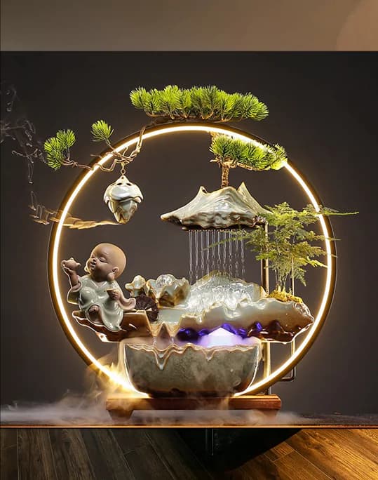 Tabletop feng shui waterfall with Buddha statue and incense smoke for decoration (5)